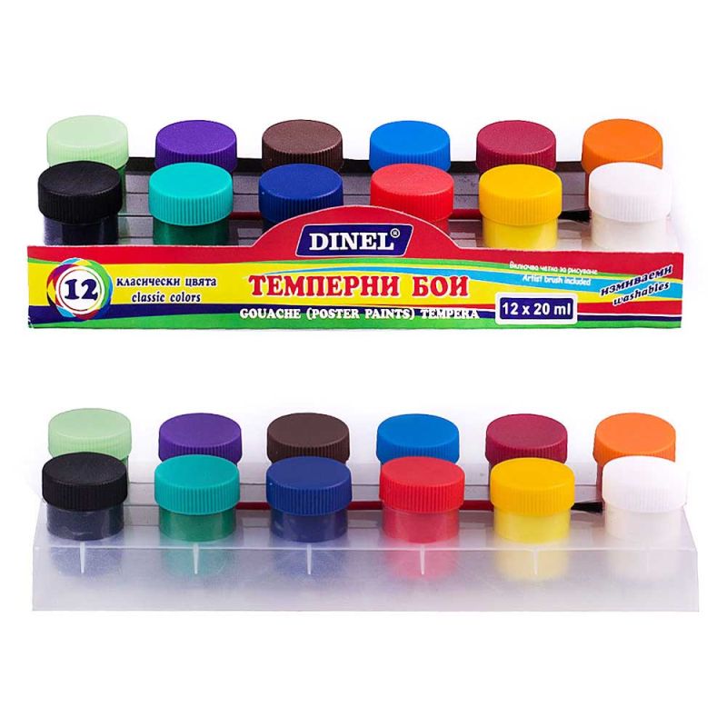 Темперни бои Dinel, 12 цвята, 20мл в бурканче