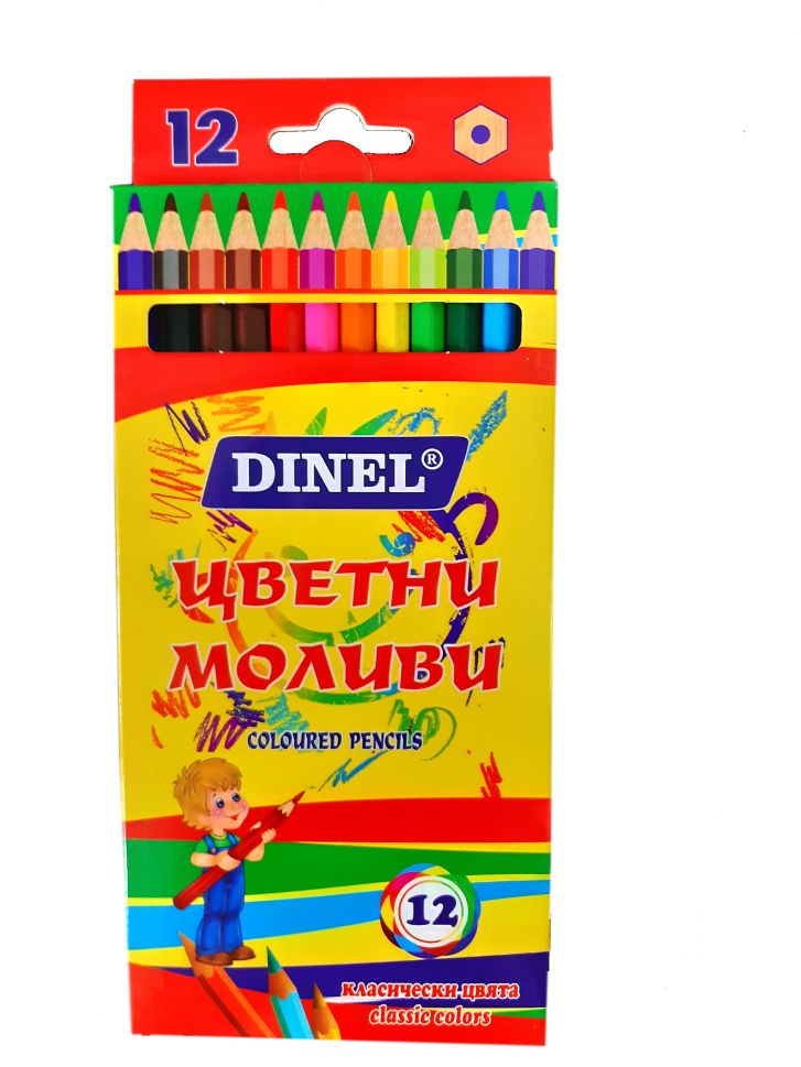 Дълги цветни моливи Dinel, 12 цвята