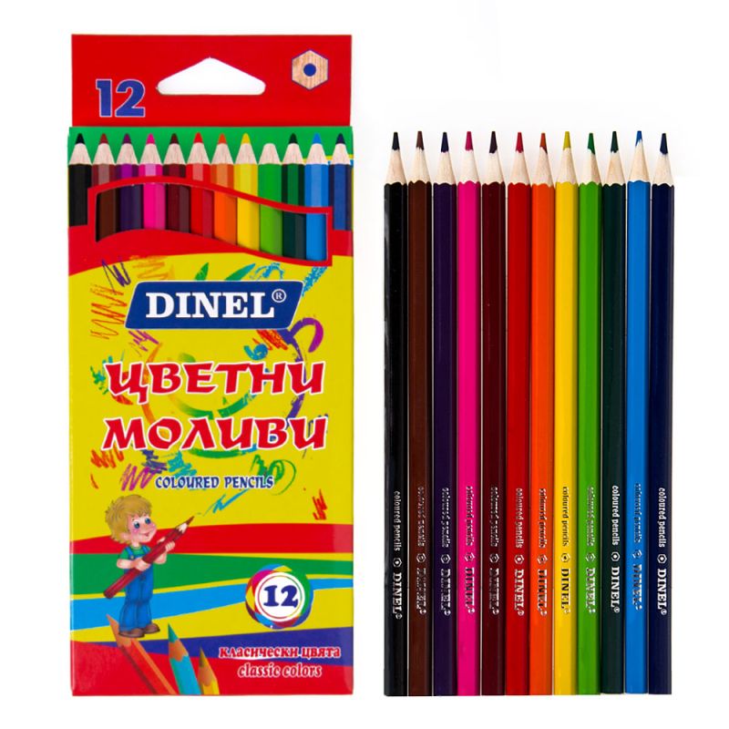 Дълги цветни моливи Dinel, 12 цвята