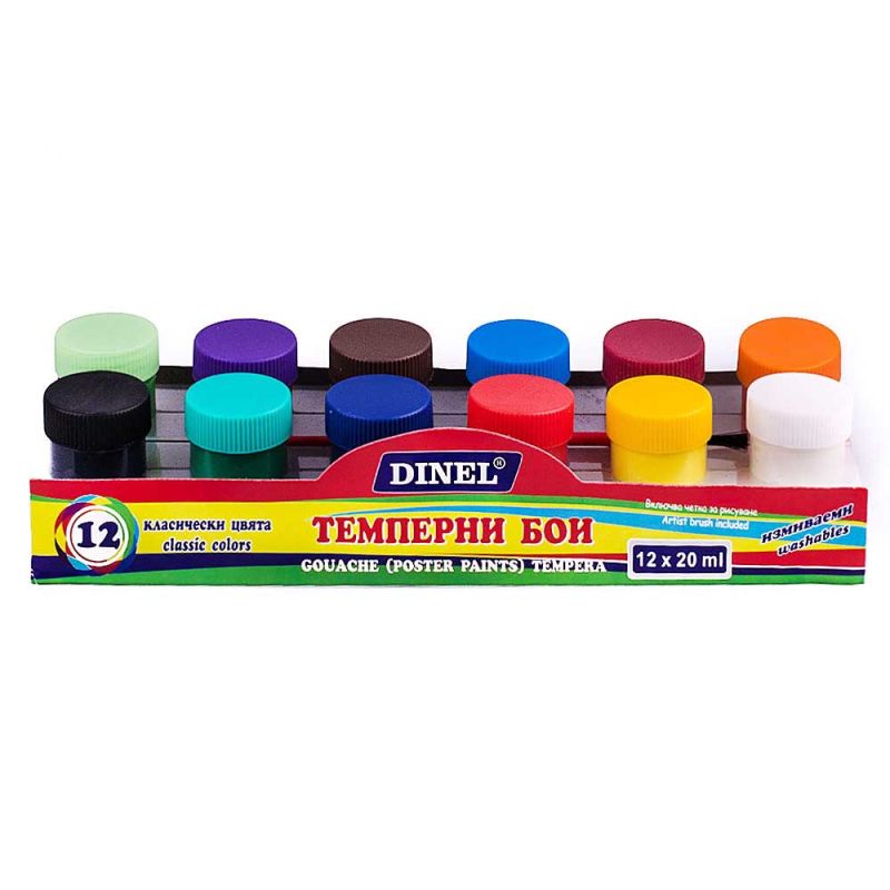 Темперни бои Dinel, 12 цвята, 20мл в бурканче