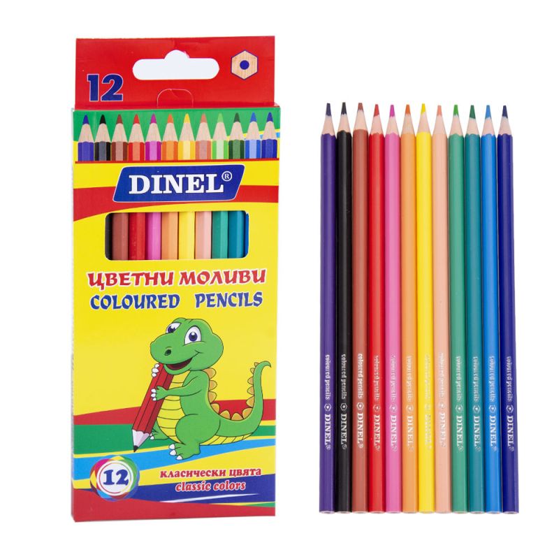 Дълги цветни моливи Dinel, 12 цвята