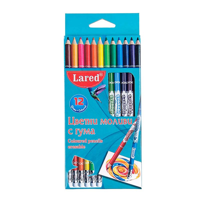 Цветни моливи Lared 12 цвята с гума, дълги