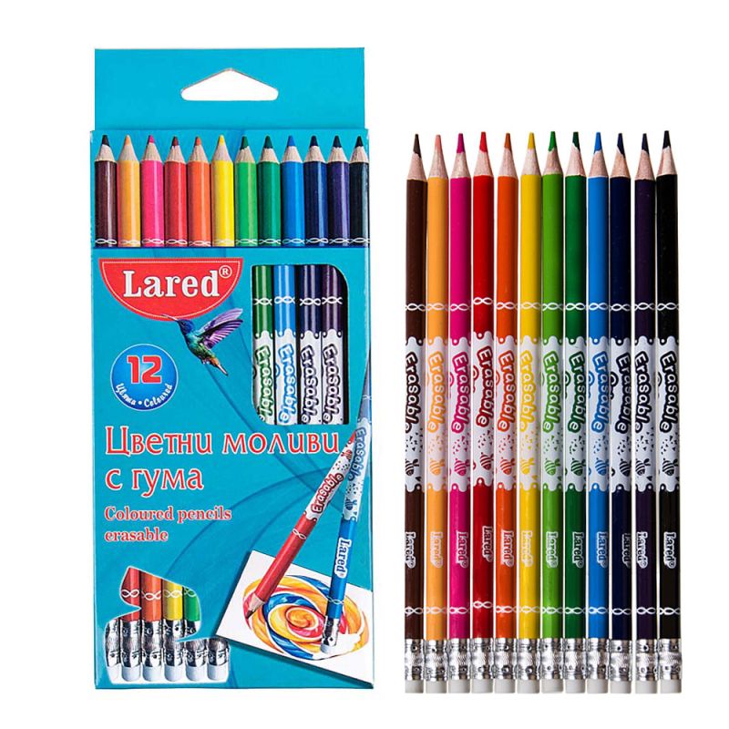 Цветни моливи Lared 12 цвята с гума, дълги