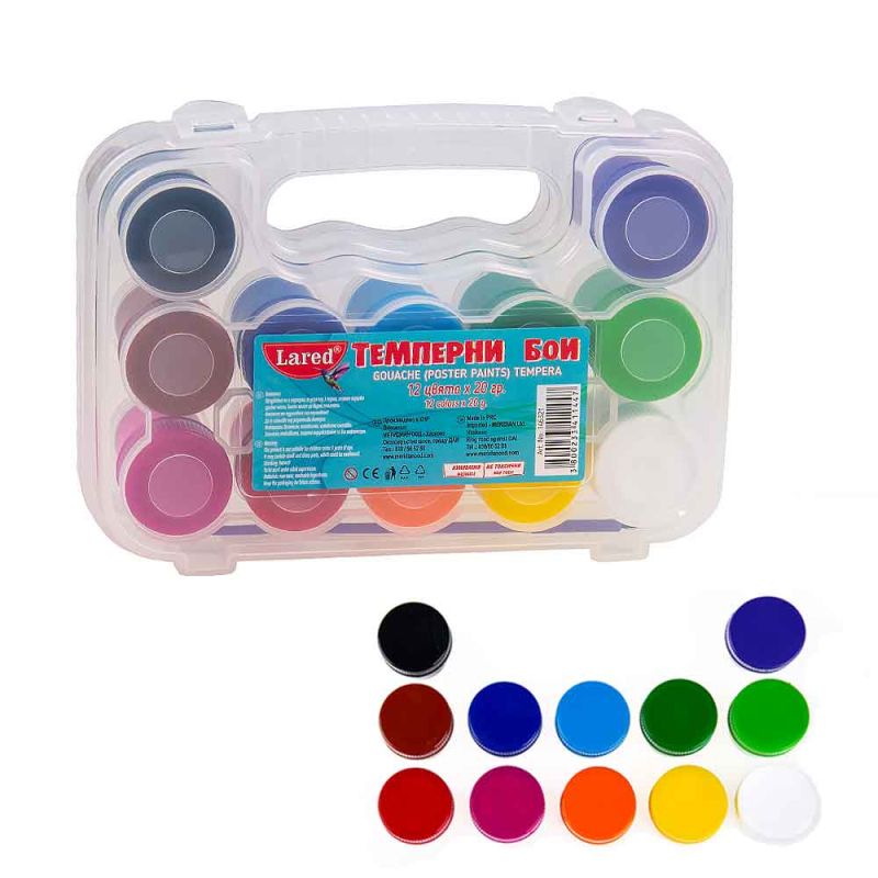 Темперни бои Lared 12 цвята, 20 грама в куфар