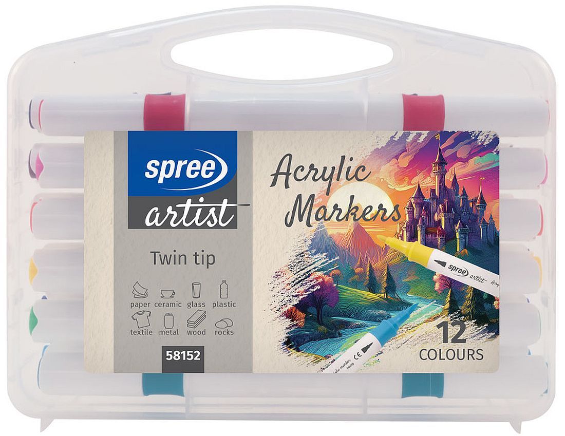 Комплект двувърхи акрилни маркери Spree Artist - 12 цвята