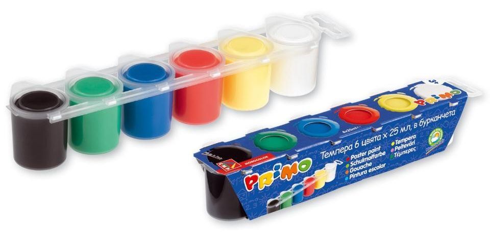 Темперни боички в бурканчета Primo - 6 цвята x 25 ml